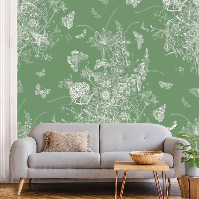 Papier peint moderne Butterflies Around Floral Island On Green Backdrop