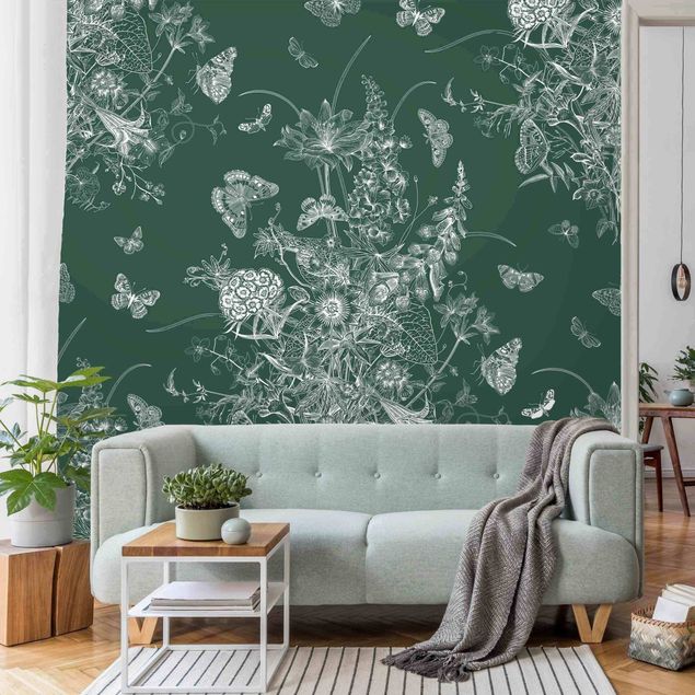 Papiers peints modernes Butterflies Around Floral Island On Greyish Green Backdrop