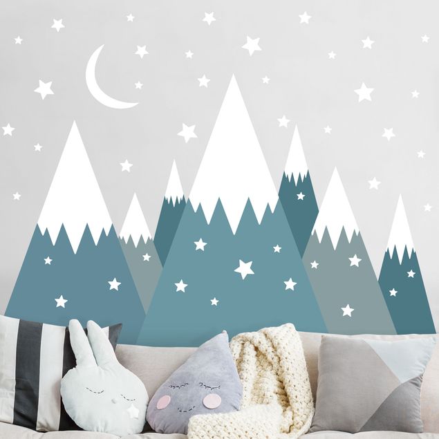 Déco chambre enfant Montagnes couvertes de neige, étoiles et lune