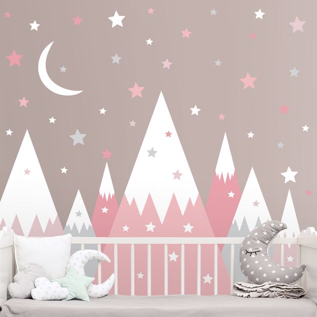 Décoration chambre bébé Montagnes enneigées étoiles et lune rose