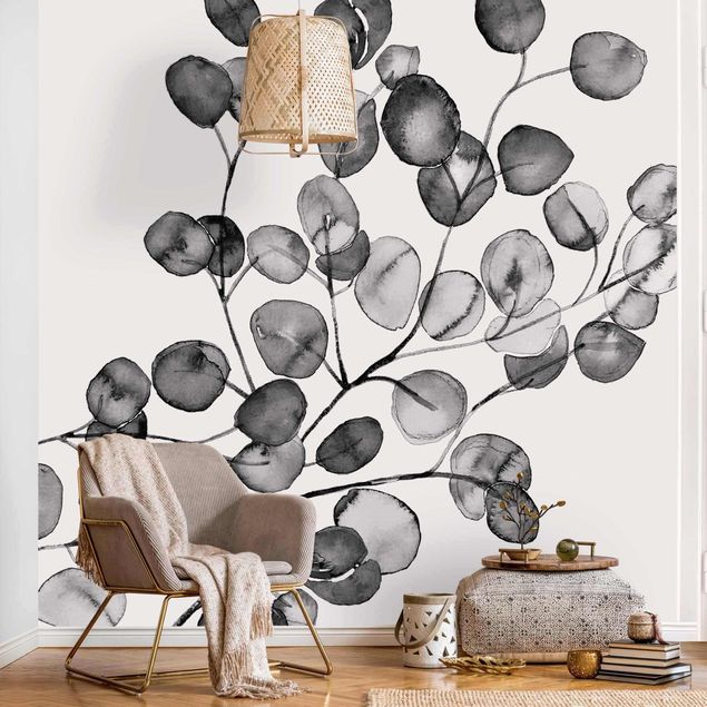 Papier peint moderne Rameau d'Eucalyptus Noir et Blanc Aquarelle