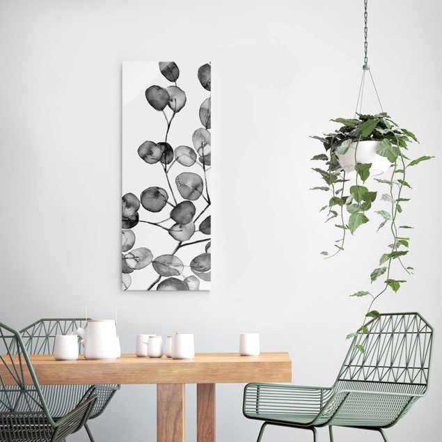 Tableaux en verre fleurs Rameau d'Eucalyptus Noir et Blanc Aquarelle