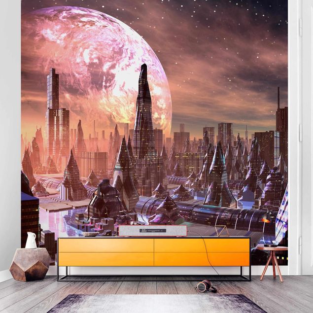 Tapisserie moderne Sci-Fi City With Planets