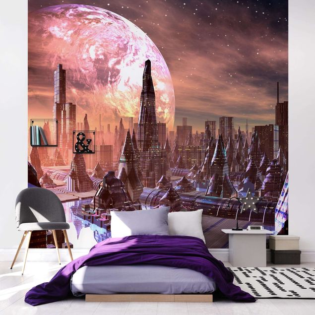 papier peint xxl Sci-Fi City With Planets