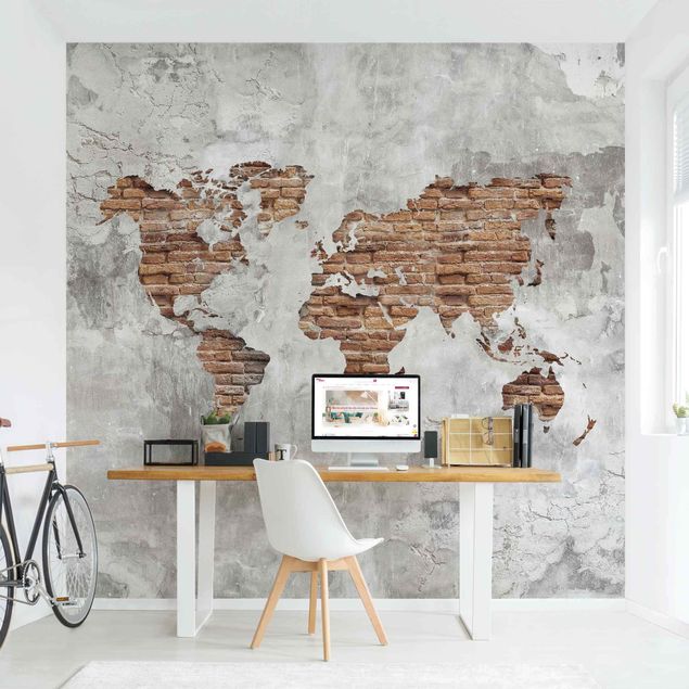Papier peint effet brique Carte du Monde en Brique de Béton Shabby