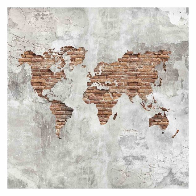 Tapisserie grise Carte du Monde en Brique de Béton Shabby
