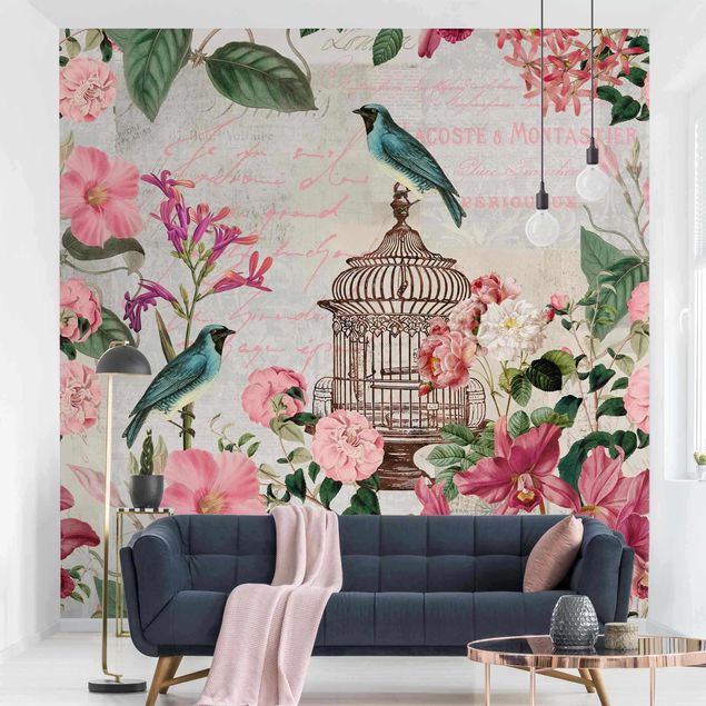 Papier peint moderne Collage Shabby Chic - Fleurs roses et oiseaux bleus