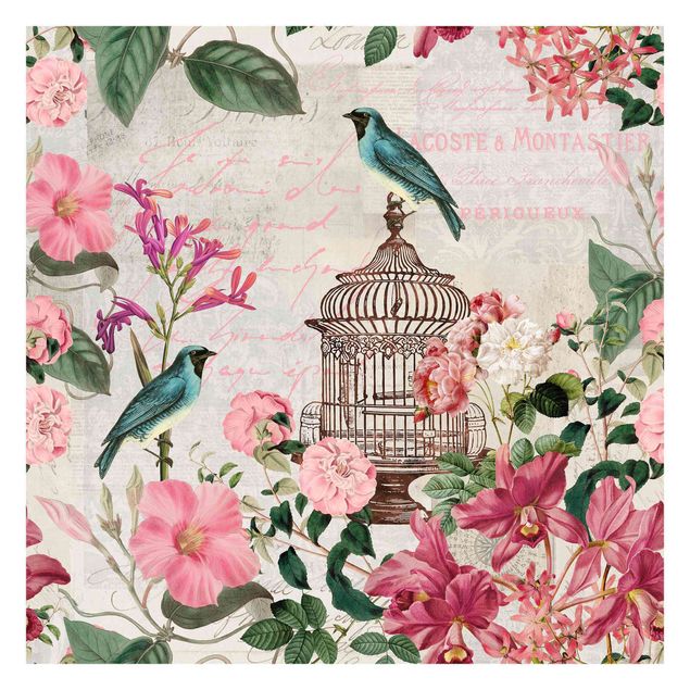 Papier peint rose Collage Shabby Chic - Fleurs roses et oiseaux bleus