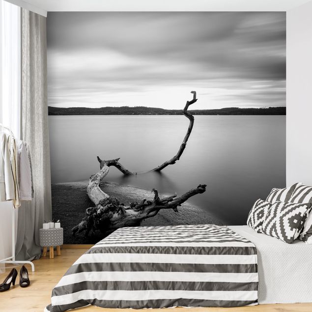 Papier peint noir et blanc Coucher de soleil en noir et blanc au bord du lac