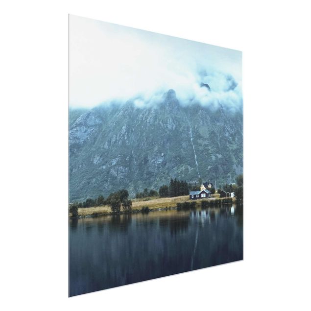 Tableau verre montagne Réflexion sur les Lofoten