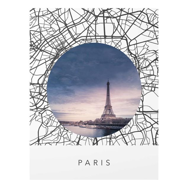 Tableaux en verre noir et blanc Map Collage Paris