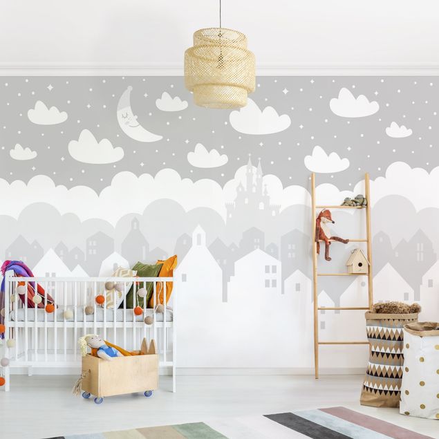 Déco chambre bébé Ciel étoilé avec maisons et lune en gris