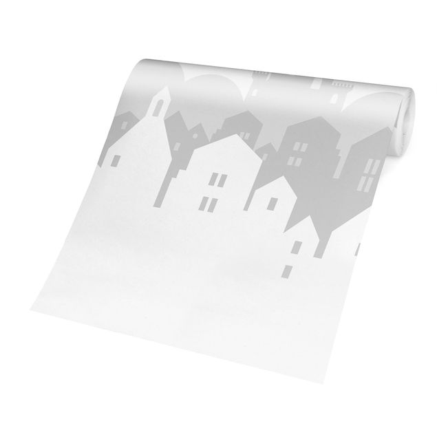 Papier peint panoramique Ciel étoilé avec maisons et lune en gris