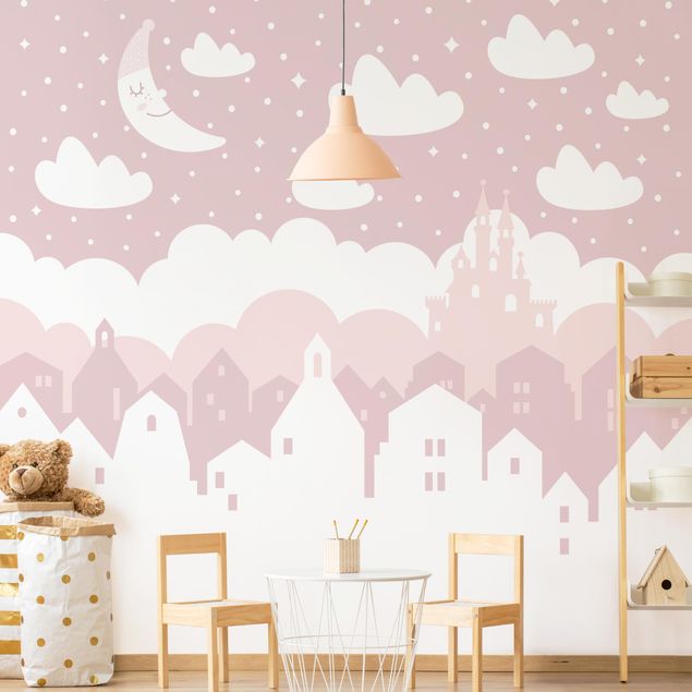 Papier peint rose Cielo stellato con case e luna in rosa