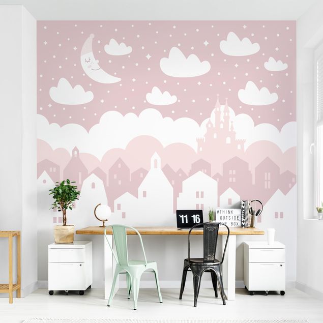 Papier peint panoramique Cielo stellato con case e luna in rosa