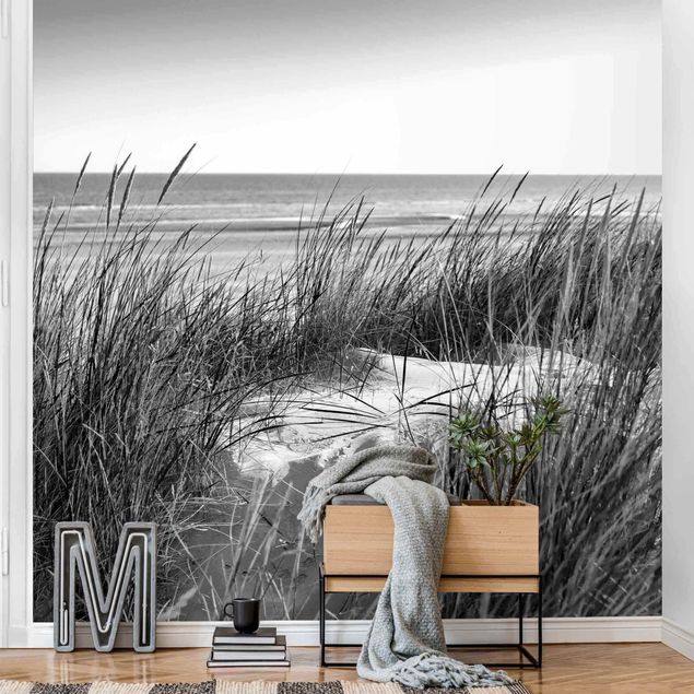 Papier peint panoramique dune Dune de plage au bord de la mer Noir et blanc