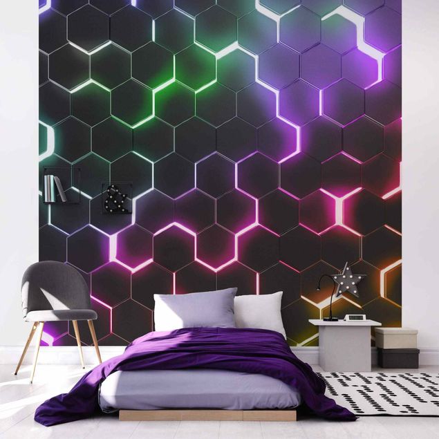 Papier peint 3D Hexagonal Pattern With Neon Light