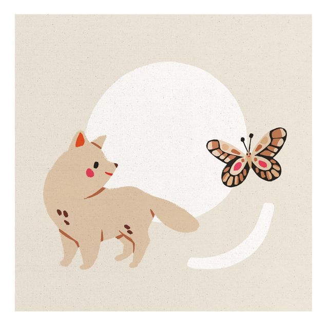 Toile papillon Illustration d'un animal mignon - Chat et papillon