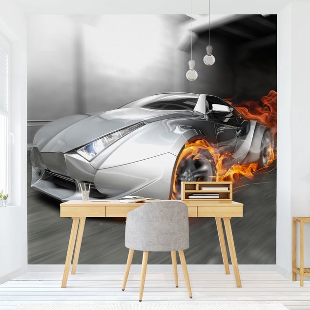 tapisserie panoramique Supercar en flammes