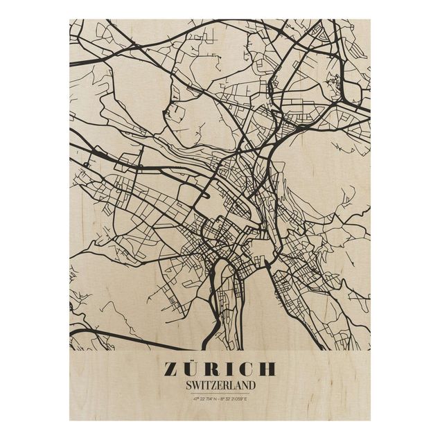 Tableaux en bois avec citations Plan de ville de Zurich - Classique