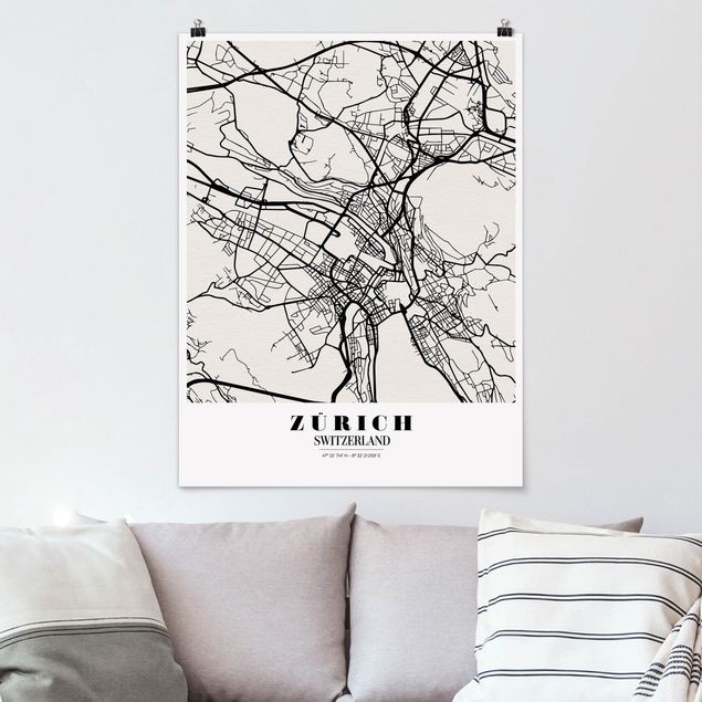 Posters en noir et blanc Plan de ville de Zurich - Classique