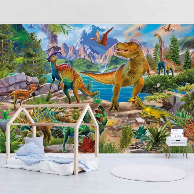 Papier peint animaux forêt T-Rex et Parasaurolophus