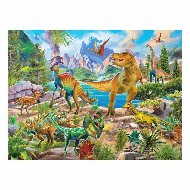 Tableau multicolor T-Rex et Parasaurolophus