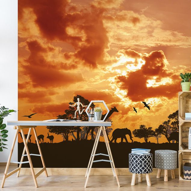 Papier peint éléphants Coucher de soleil en Tanzanie