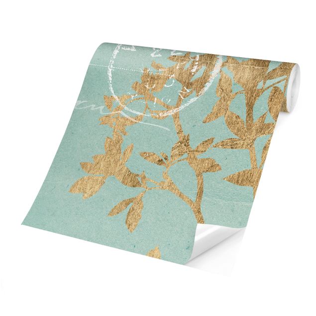 Papier peint turquoise Feuilles d'or sur Turquoise II