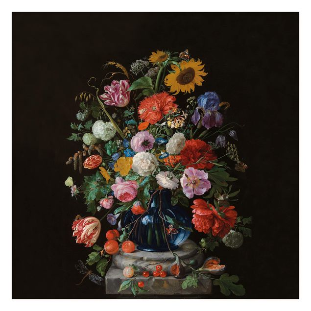 papier peint xxl Jan Davidsz de Heem - Des tulipes, un tournesol, un iris et d'autres fleurs dans un vase en verre sur le socle en marbre d'une colonne