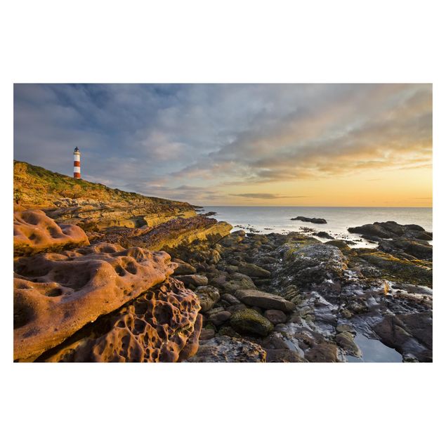 Tapisserie paysage L'océan et le phare de Tarbat Ness au coucher du soleil
