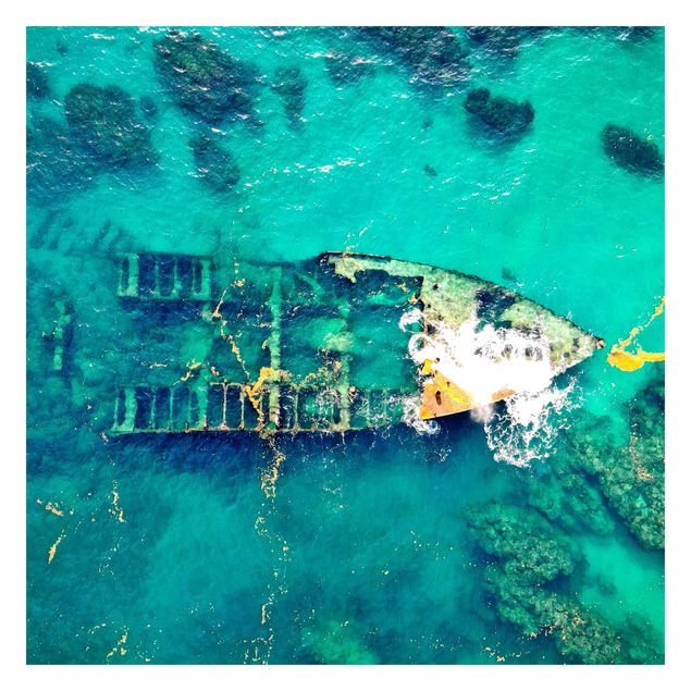 Tapisserie turquoise Vue du dessus d'une épave de navire dans l'océan