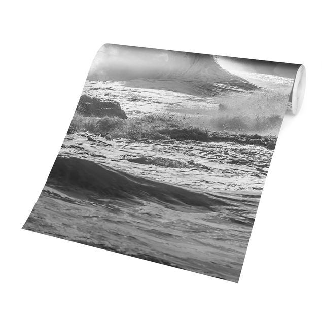Papier peint panoramique paysage Raging Waves Black And White