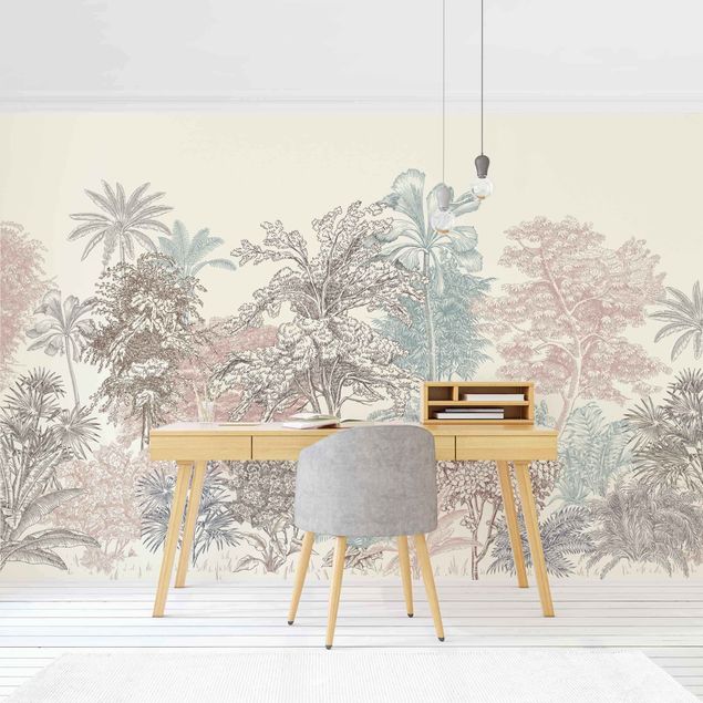 papier peint fleuri Forêt tropicale avec palmiers au pastel