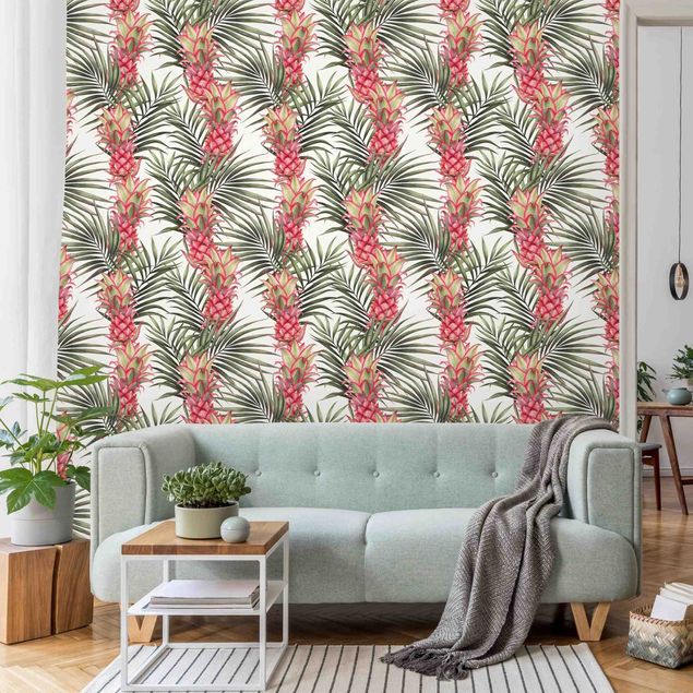 Papier peint moderne Ananas tropical avec feuilles de palmier