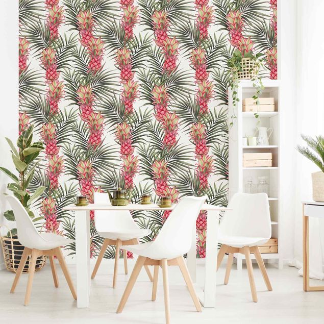 Papier peint fleurs Ananas tropical avec feuilles de palmier