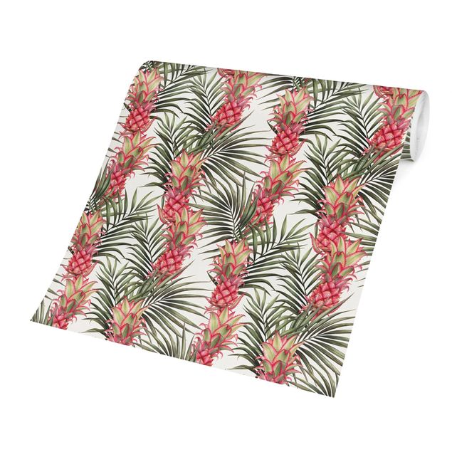 Papier peint rose Ananas tropical avec feuilles de palmier