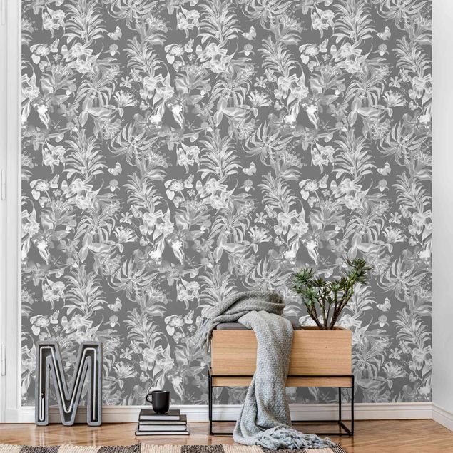 Papier peint moderne Fleurs tropicales devant gris