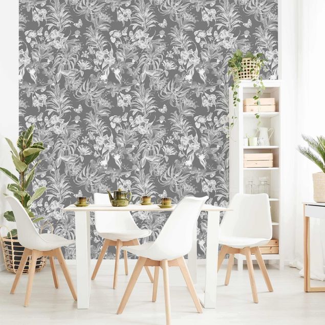 Papier peint à motifs Fleurs tropicales devant gris