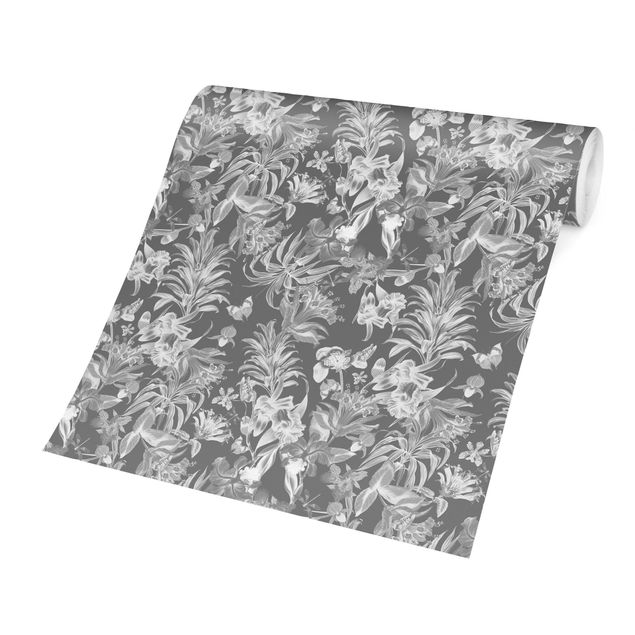 Papier peint gris Fleurs tropicales devant gris