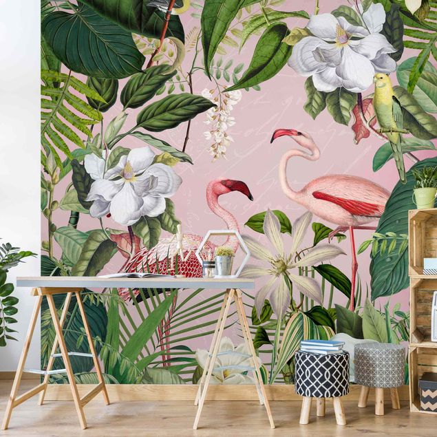 Papier peint flamant Fenicotteri tropicali con piante in rosa