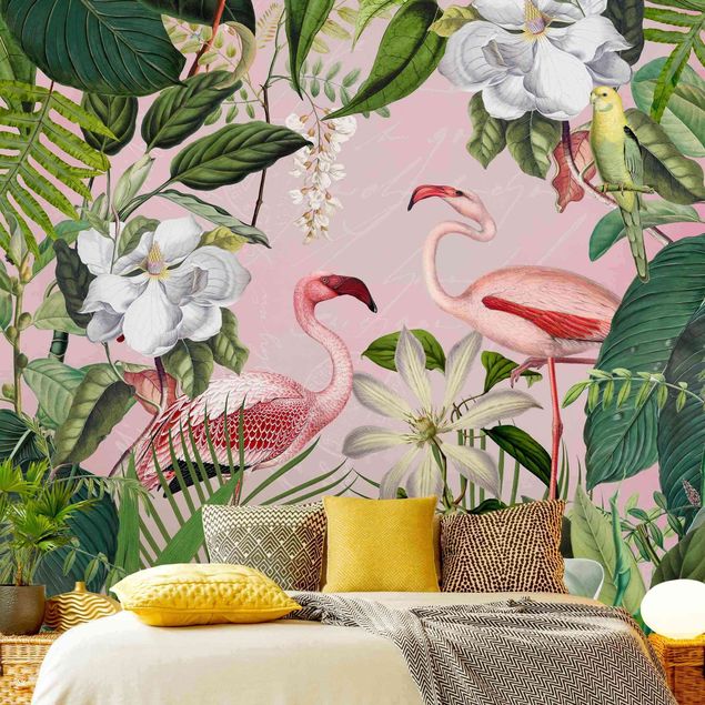 Papiers peints modernes Fenicotteri tropicali con piante in rosa