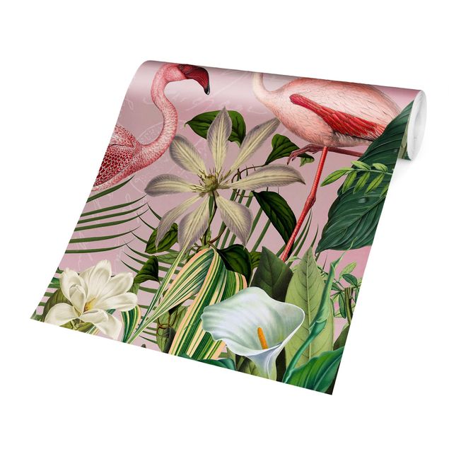 Papier peint floral Fenicotteri tropicali con piante in rosa
