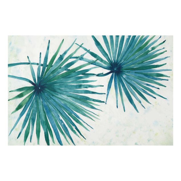 Tableau ton bleu Feuilles de palmier tropicales en gros plan