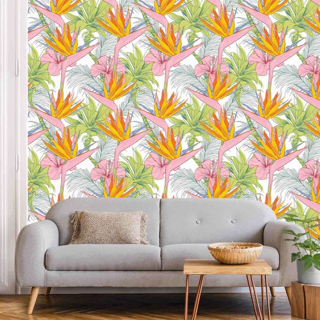 Papier peint floral Tropical Plants WIth Palm Tree
