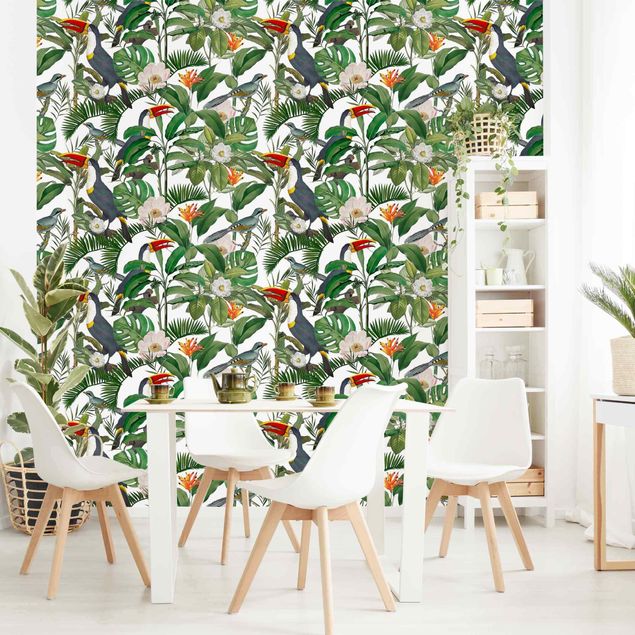 Papier peint floral Toucan Tropical avec Monstera et Feuilles de Palmier