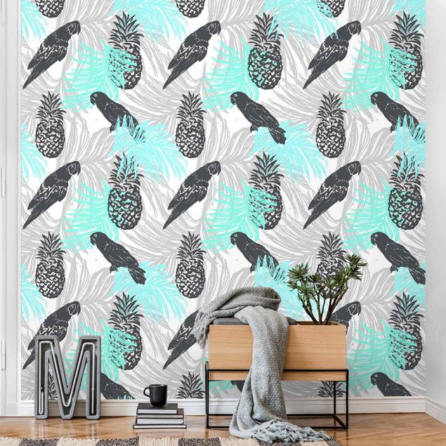 Tapisserie oiseaux Tropical Pattern With Pineapple And Parrots Turquoise