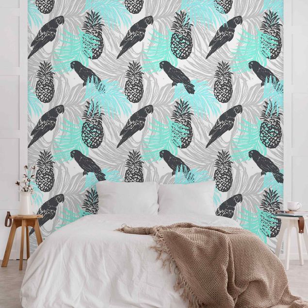 Tapisserie moderne Tropical Pattern With Pineapple And Parrots Turquoise