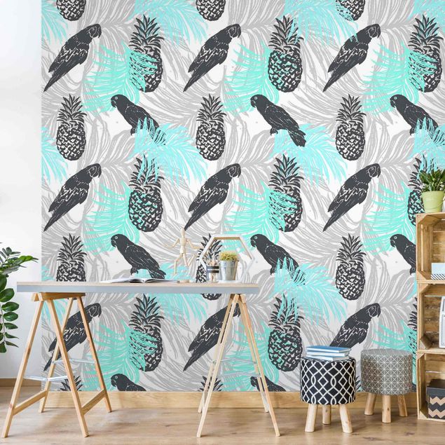 papier peint fleuri Tropical Pattern With Pineapple And Parrots Turquoise