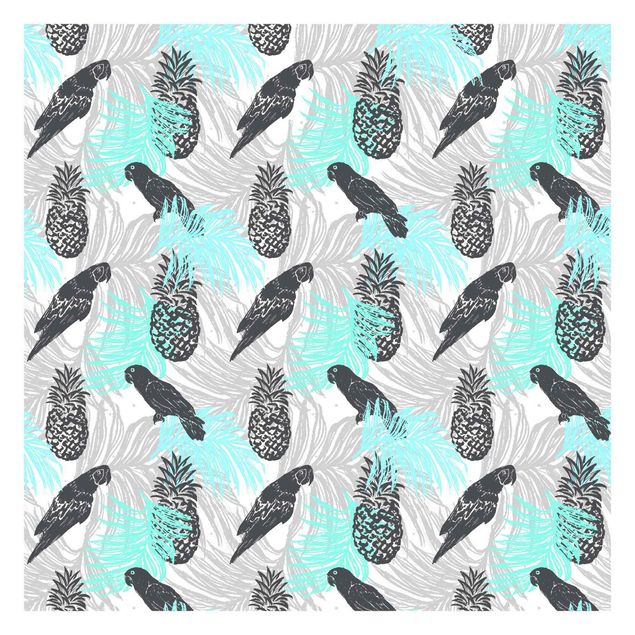Tapisserie grise Tropical Pattern With Pineapple And Parrots Turquoise